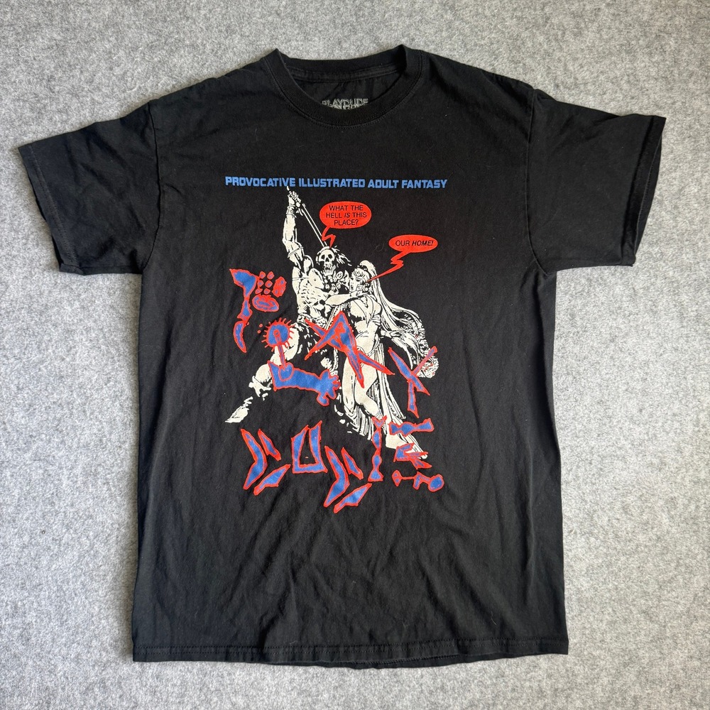 Playdude Spiritual Services Adult Fantasy Comic T-Shirt Mens M Black Double Side